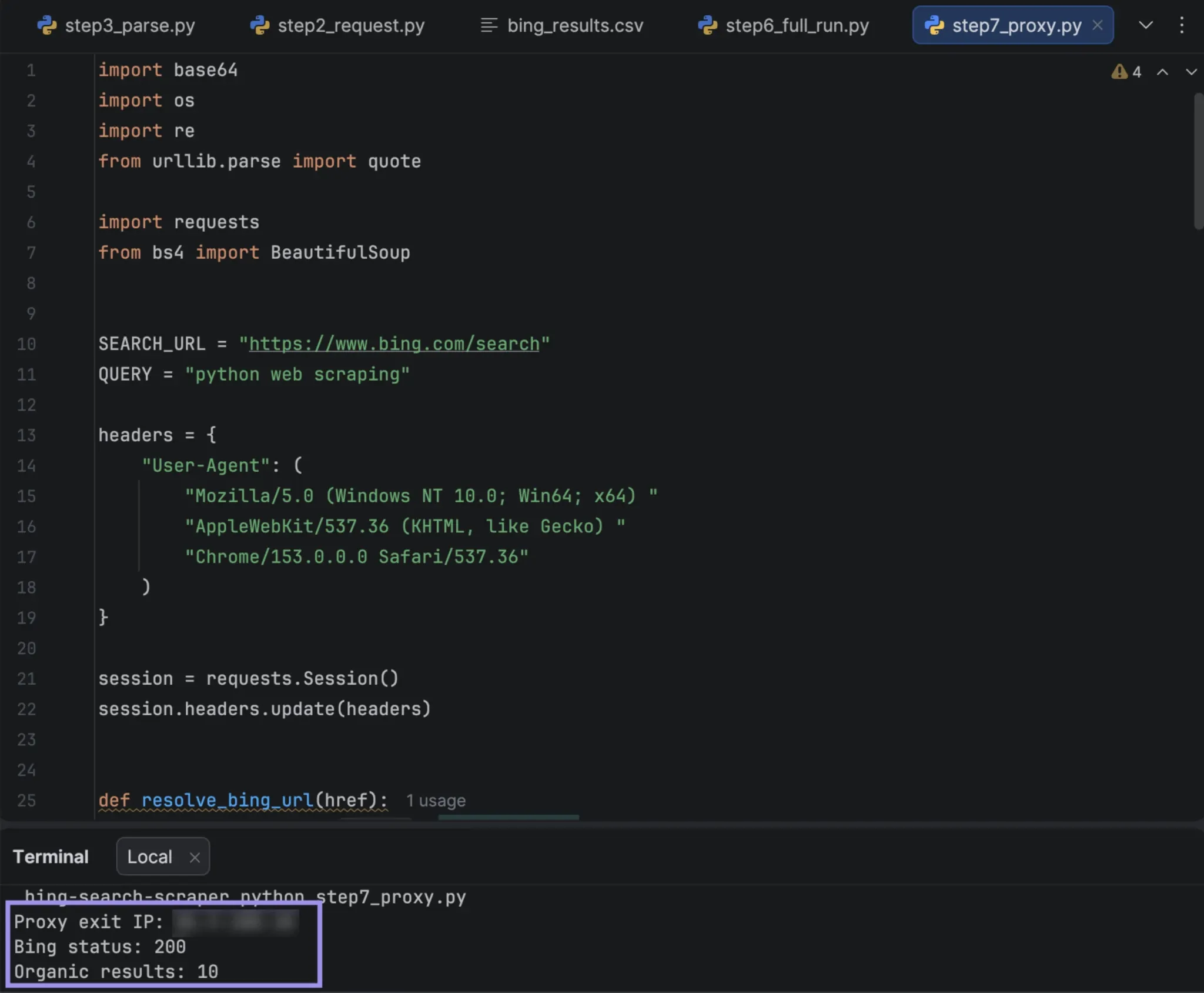 PyCharm terminal showing a verified proxy connection and Bing status 200