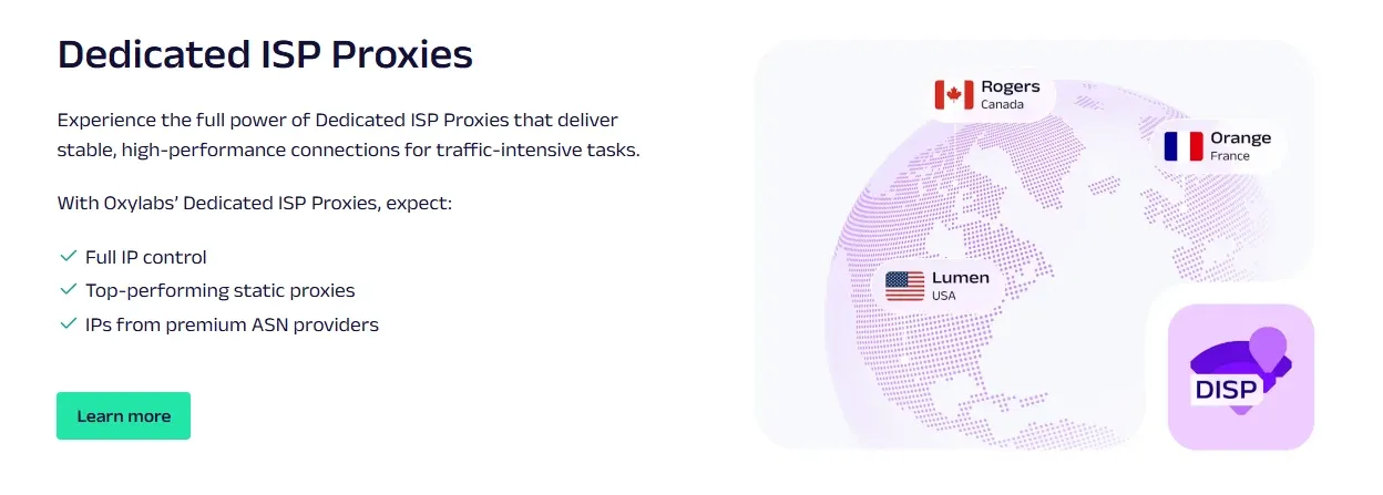 Oxylabs Dedicated ISP Proxies page