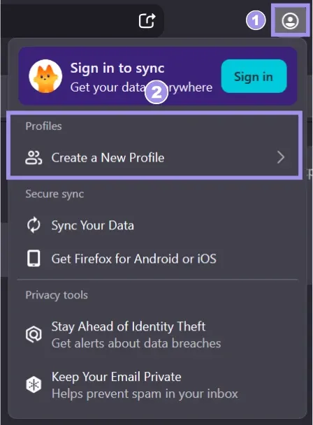 Create new profile from firefox account dialog box