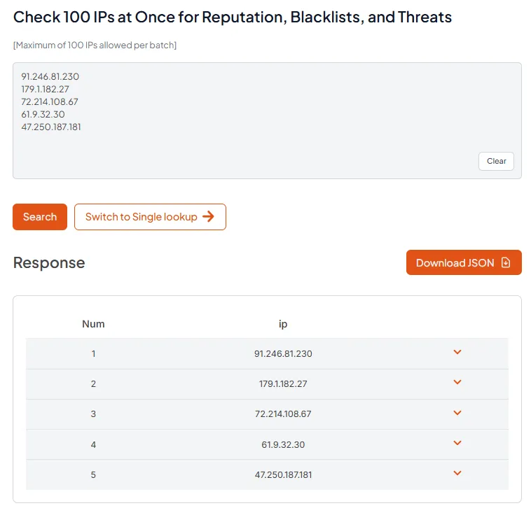 Bulk IP reputation checker showing five proxy IPs and their lookup results