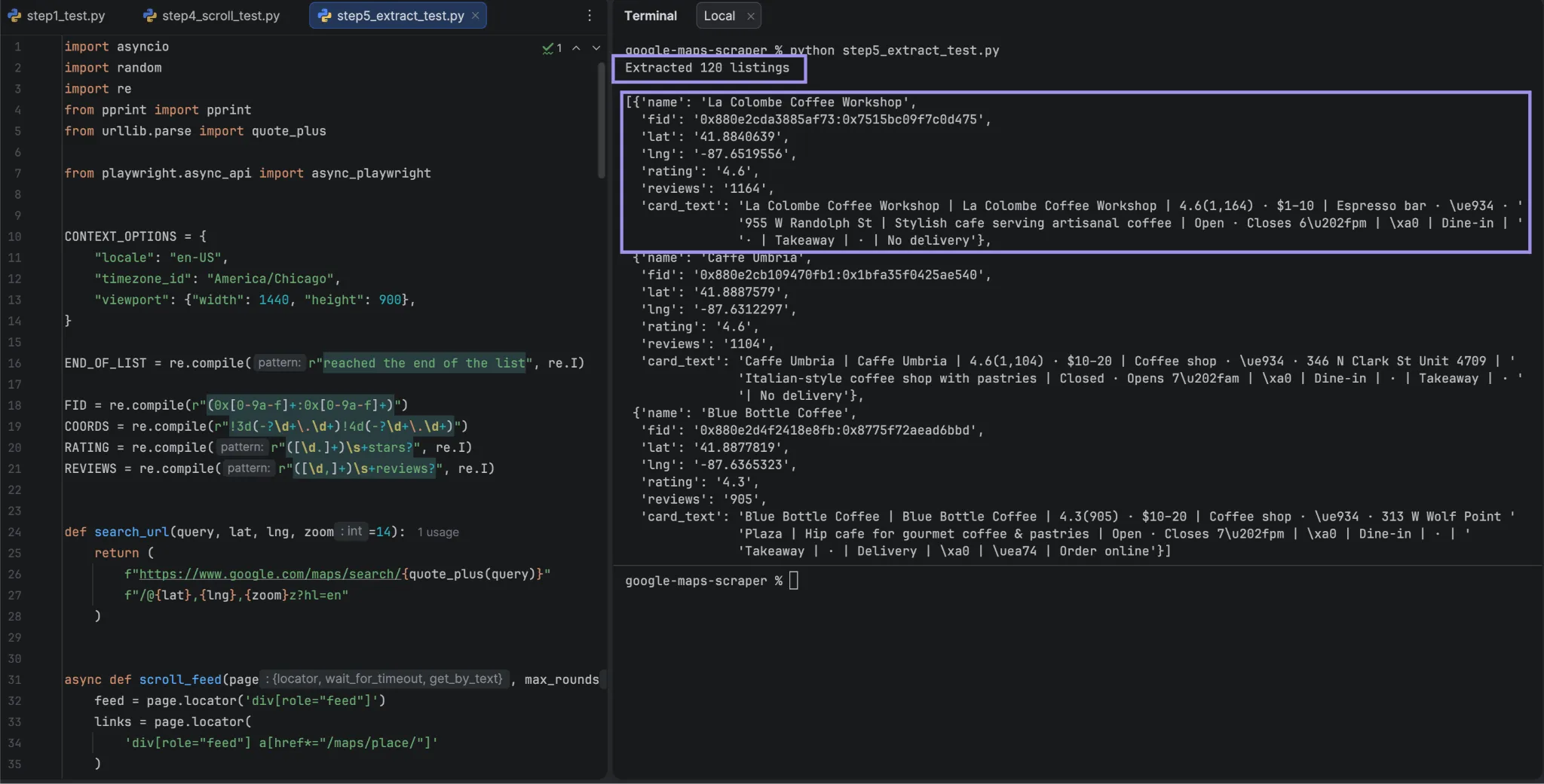 PyCharm showing 120 extracted Google Maps listings with business details including coordinates, ratings, reviews, and card text