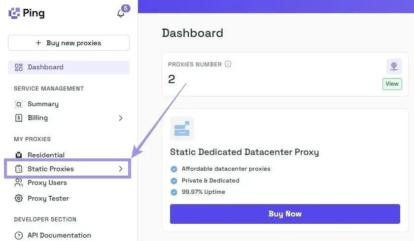 Select Static proxies option on dashboard.webp