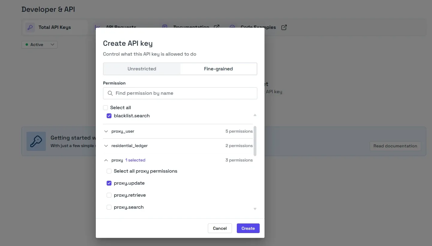 Create API key dialog with fine-grained permissions selected in the Byteful dashboard