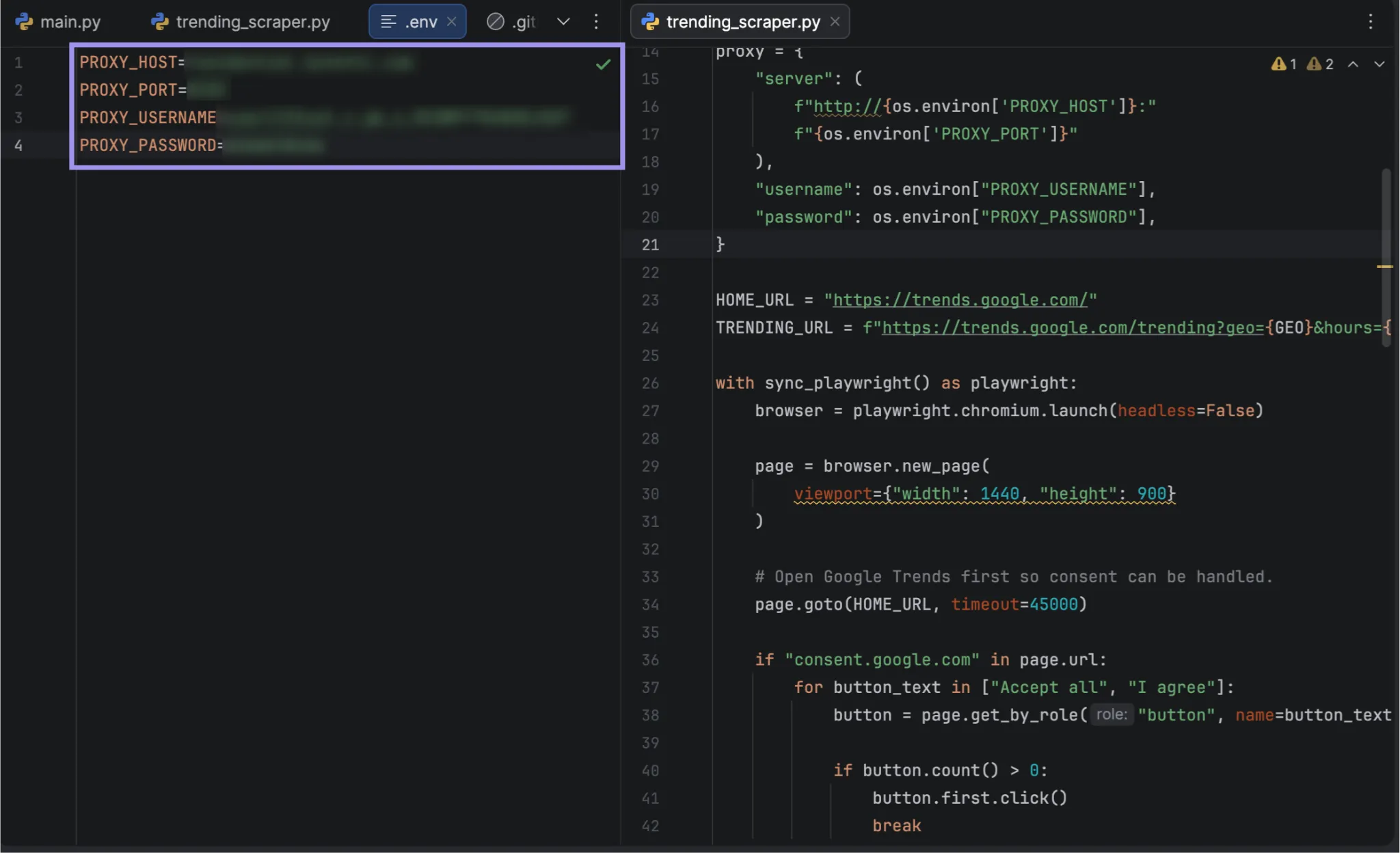 Proxy credentials stored in a .env file and loaded into a Playwright proxy configuration
