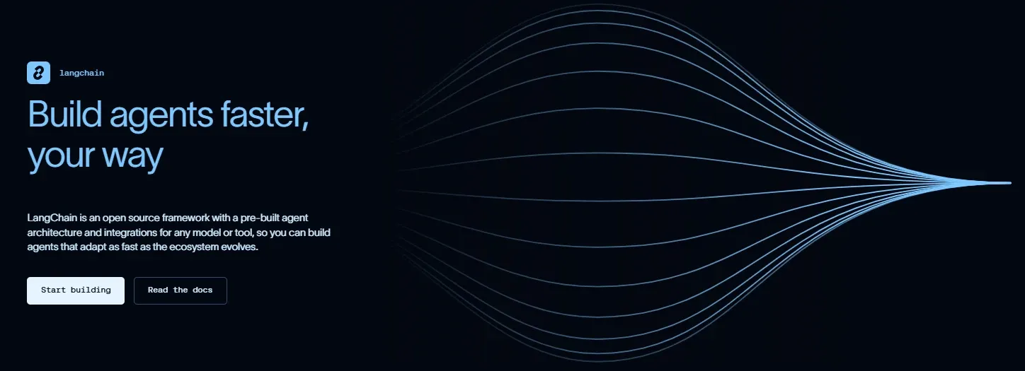 LangChain homepage describing an open-source framework with a pre-built agent architecture and integrations