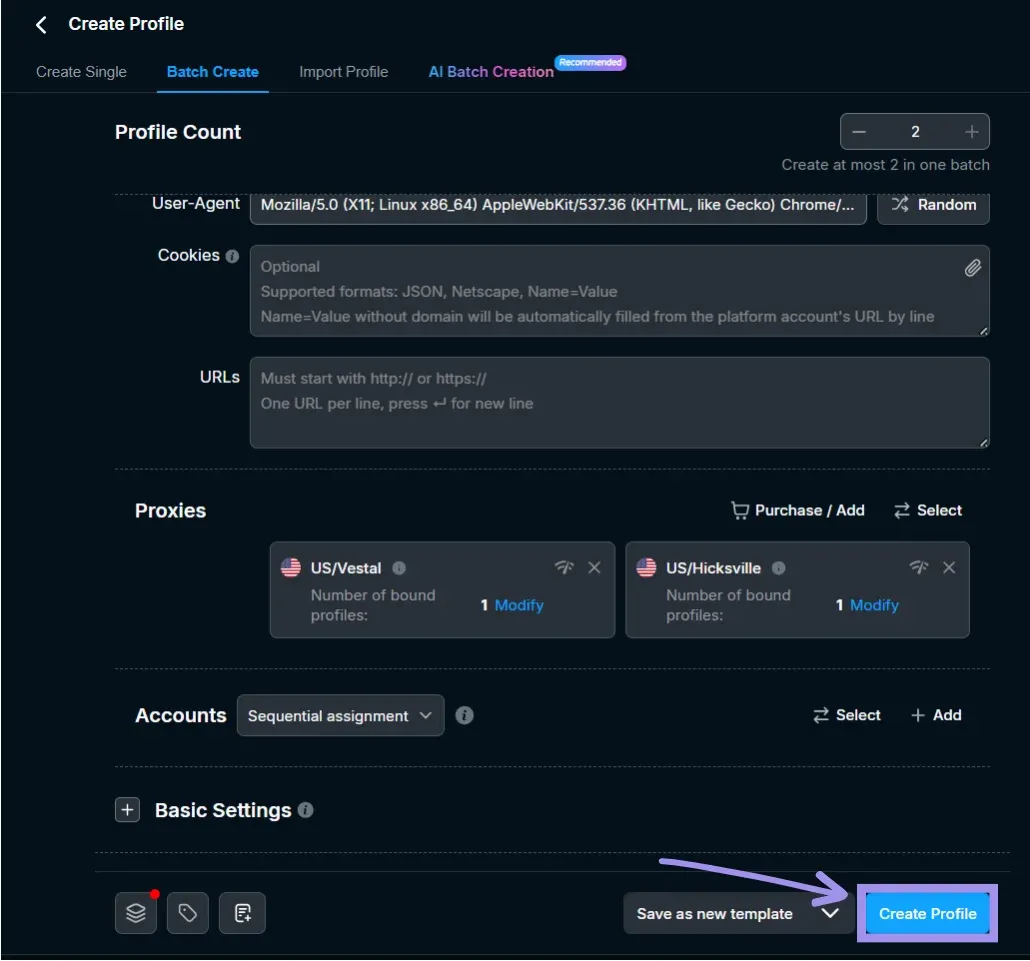 Create a profile in RoxyBrowser