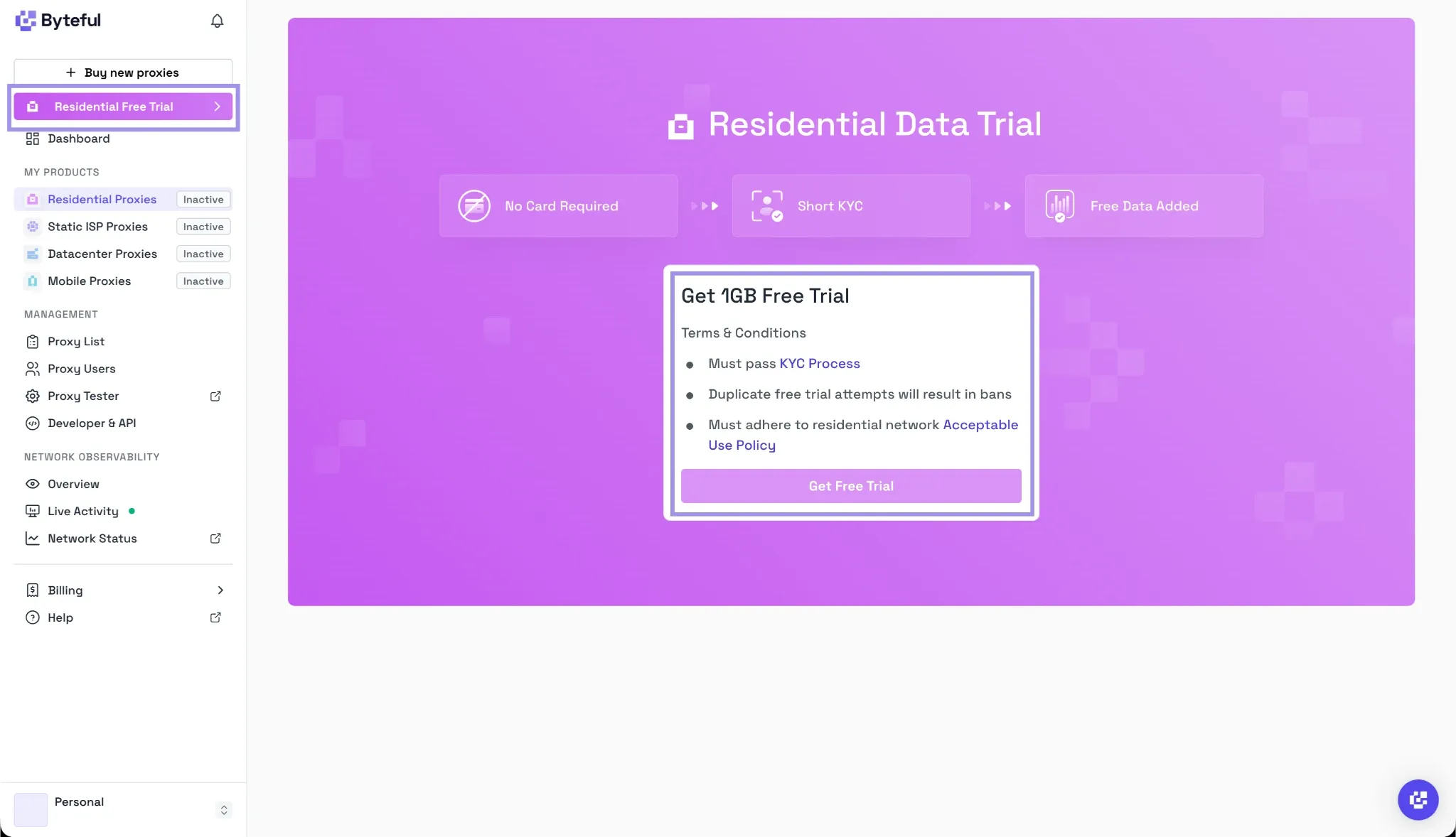 Byteful dashboard showing the 1GB free residential proxy trial