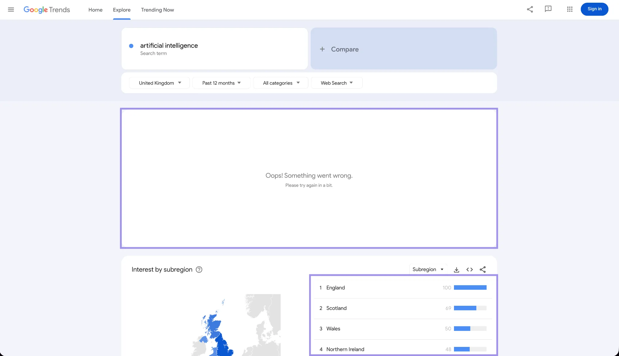 Google Trends Explore showing a failed widget above successfully loaded UK regional data