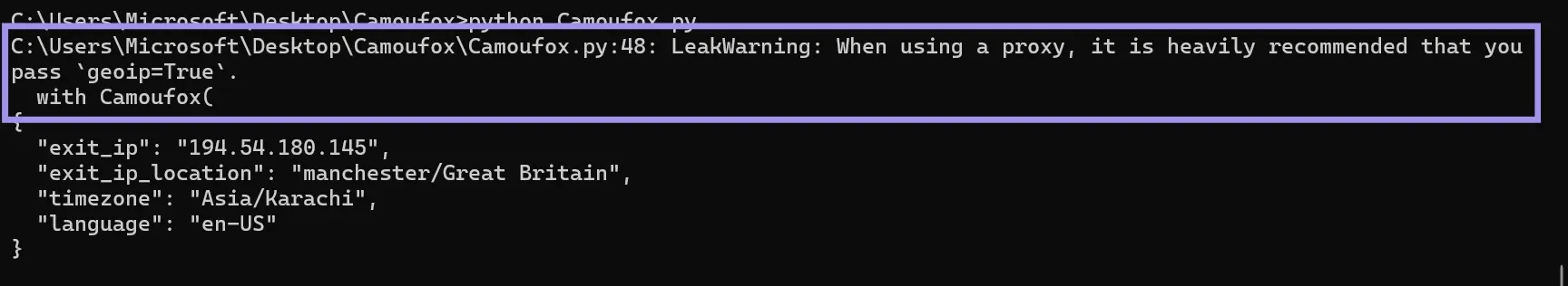 Camoufox proxy integration test Leak warning