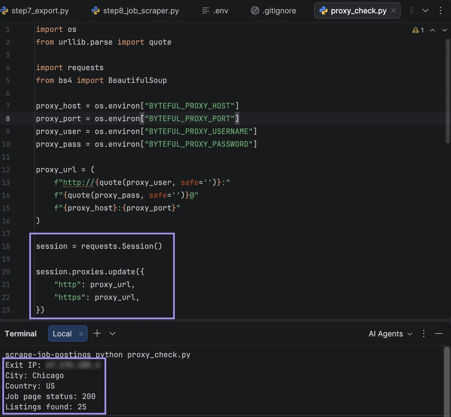 PyCharm terminal showing Chicago proxy location, status 200, and 25 listings found