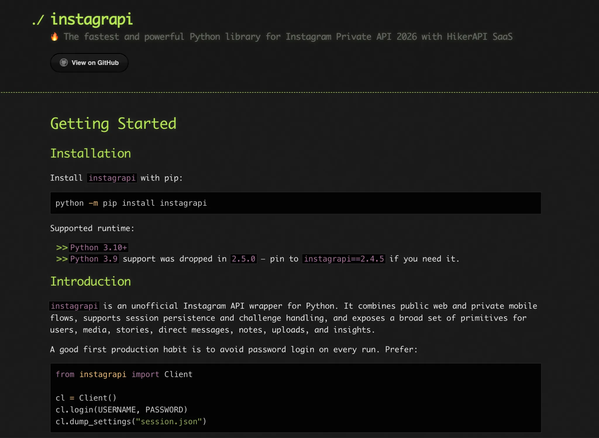 instagrapi documentation showing Python setup and sessions