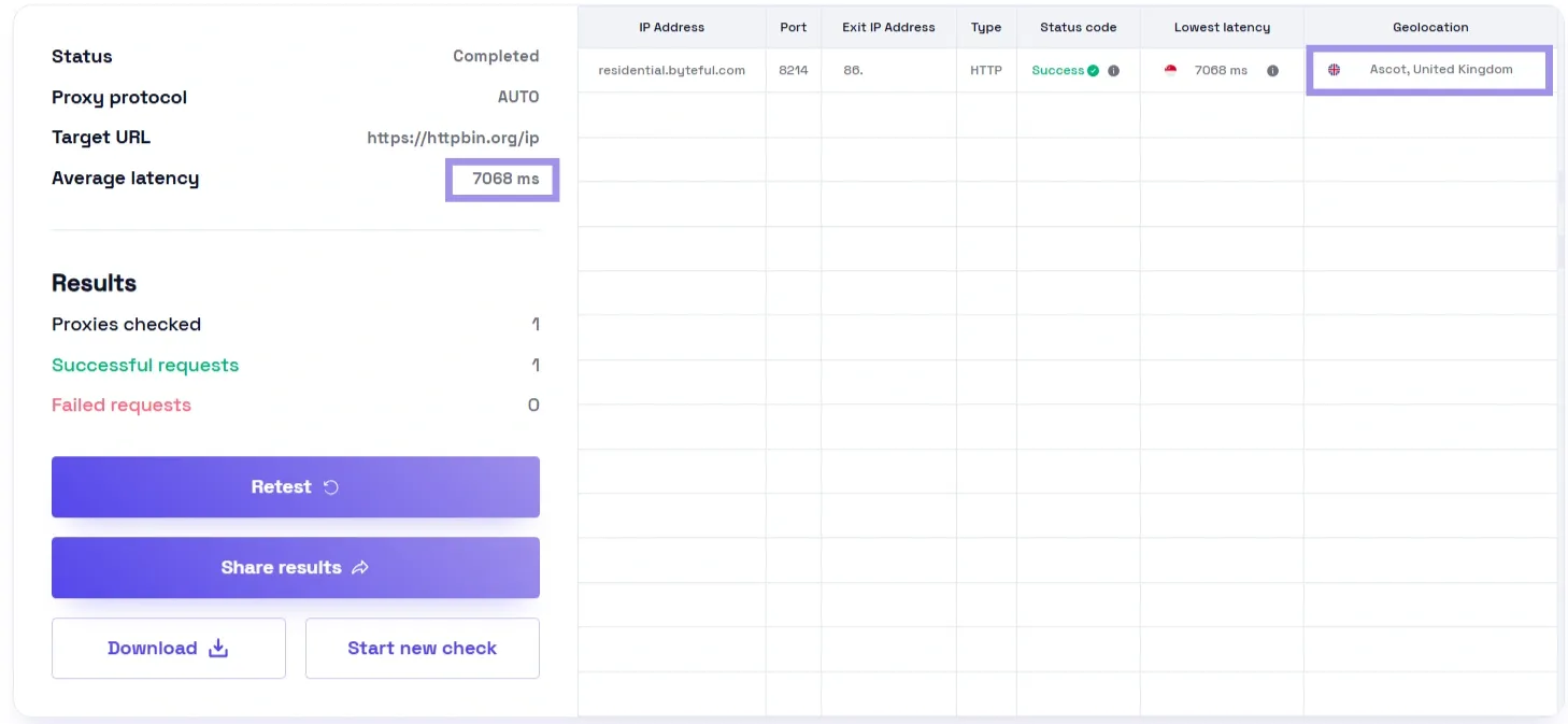 Proxy Benchmark Results in Byteful Proxy Tester.webp
