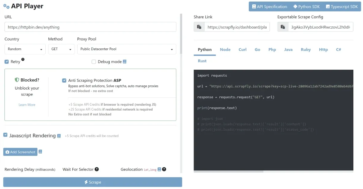 Scrapfly API Player showing a scrape request with country, method, and proxy pool options, Python code, JavaScript rendering, and anti-scraping protection settings