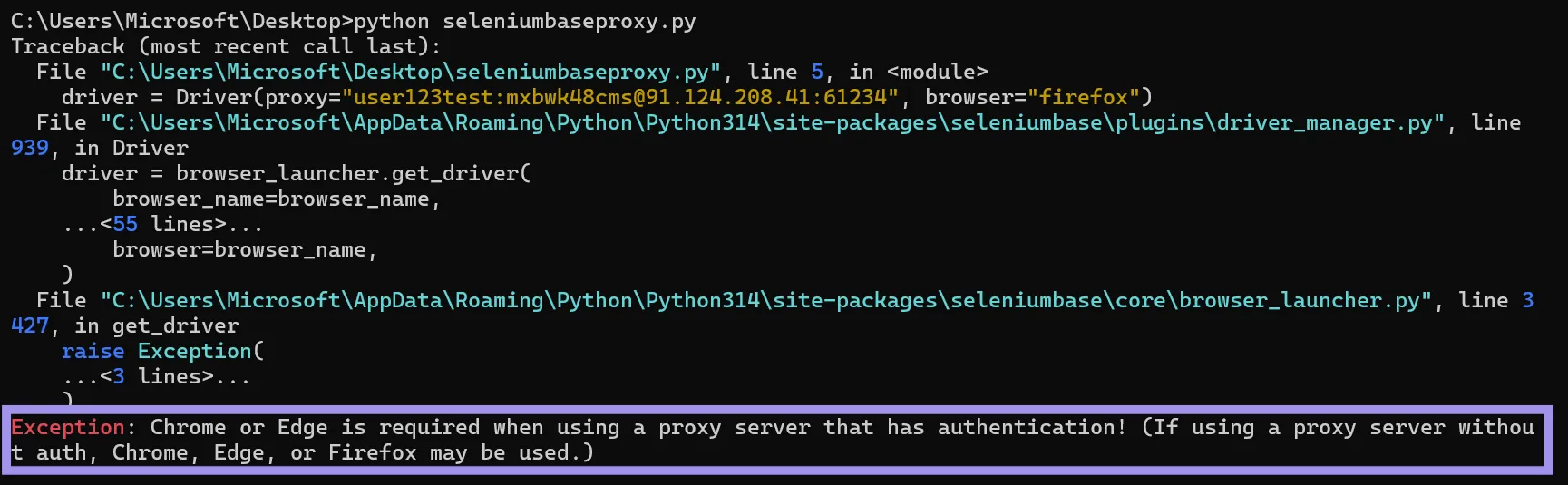 SeleniumBase Firefox proxy integration test throwing an exception on the command prompt