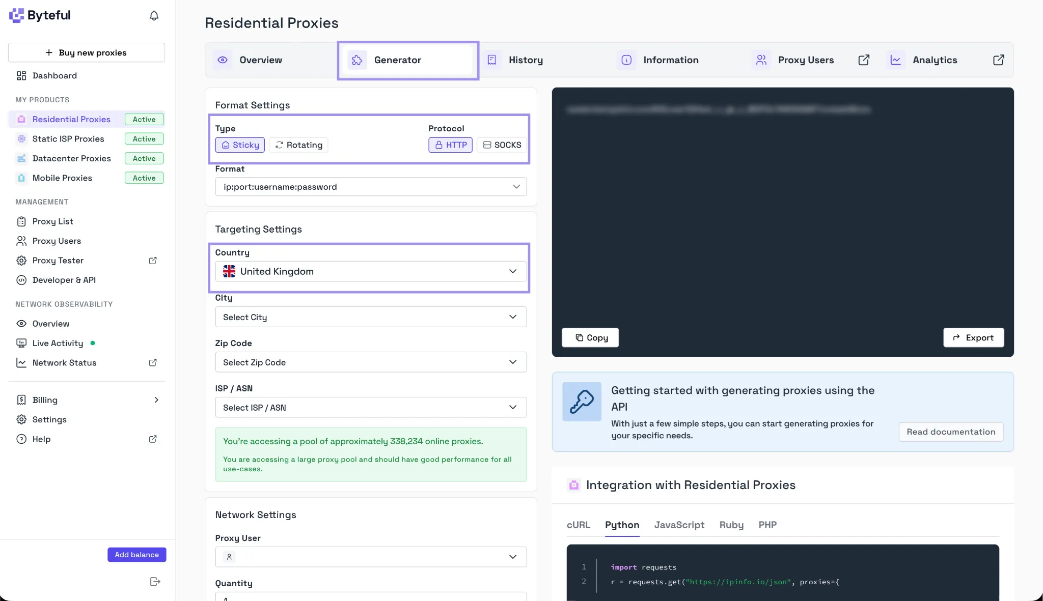 Byteful dashboard showing sticky HTTP residential proxy settings for the United Kingdom