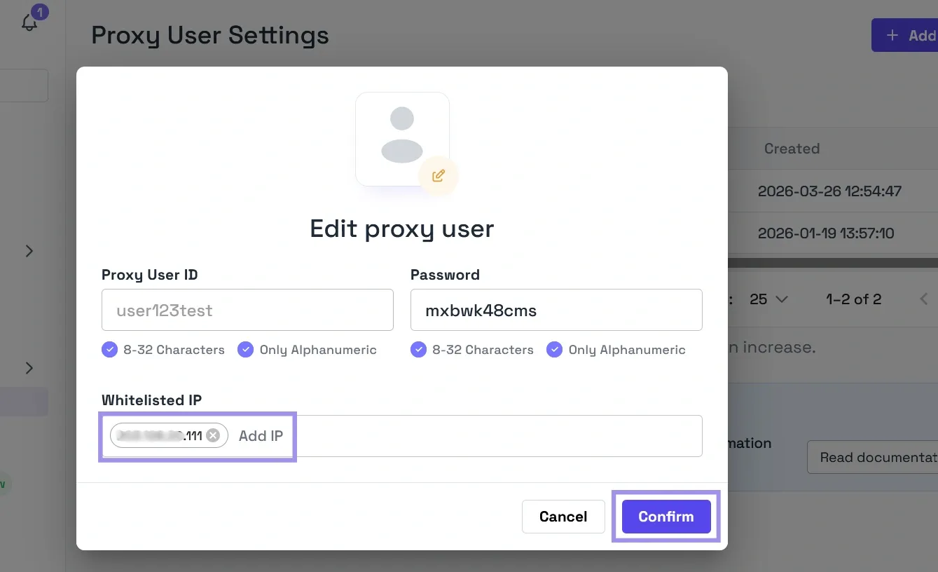 Edit proxy user pop-up on proxy user settings page.webp