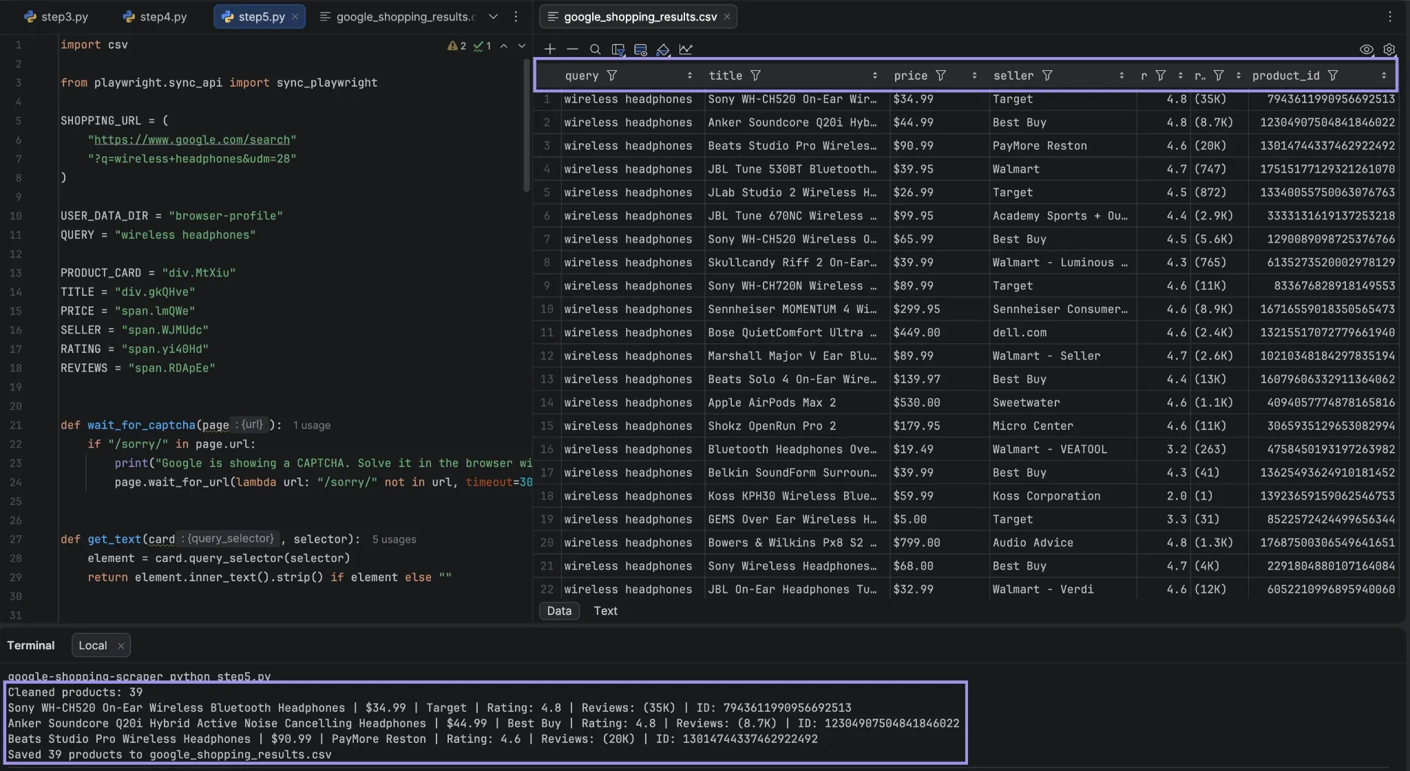 PyCharm showing Google Shopping results exported to CSV