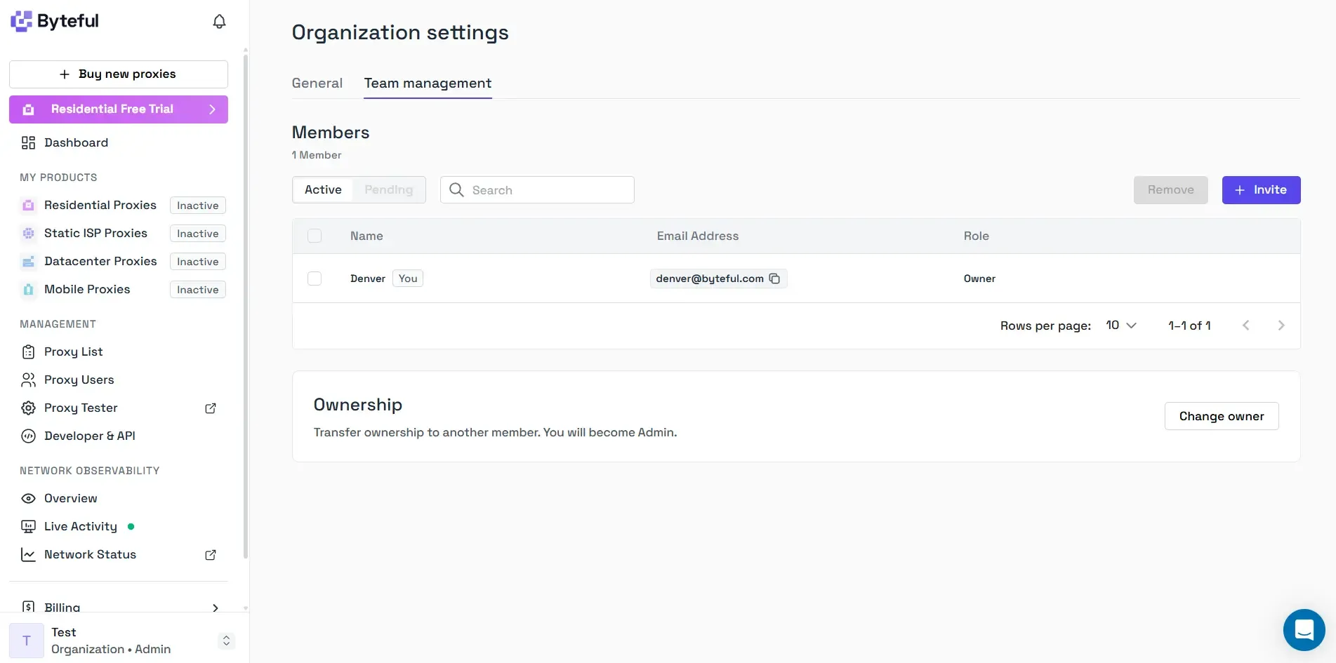 Byteful Organization settings