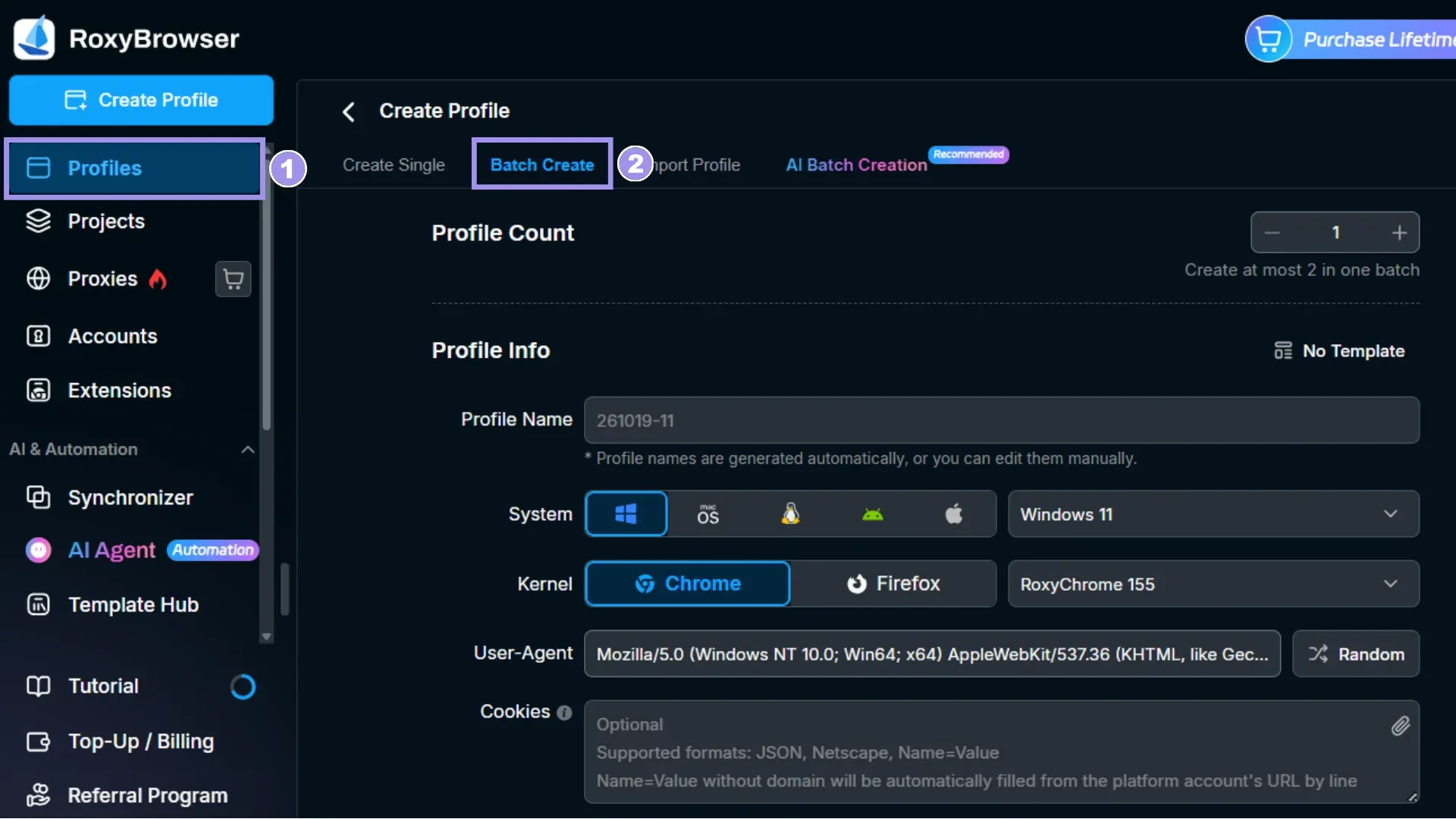 Batch create profiles in RoxyBrowser