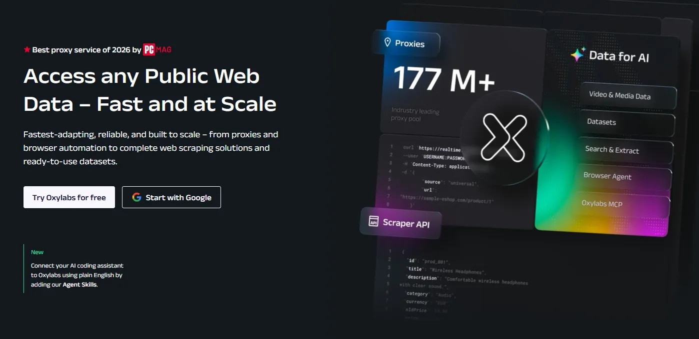 Oxylabs homepage highlighting a 177M+ industry-leading proxy pool and data-for-AI products