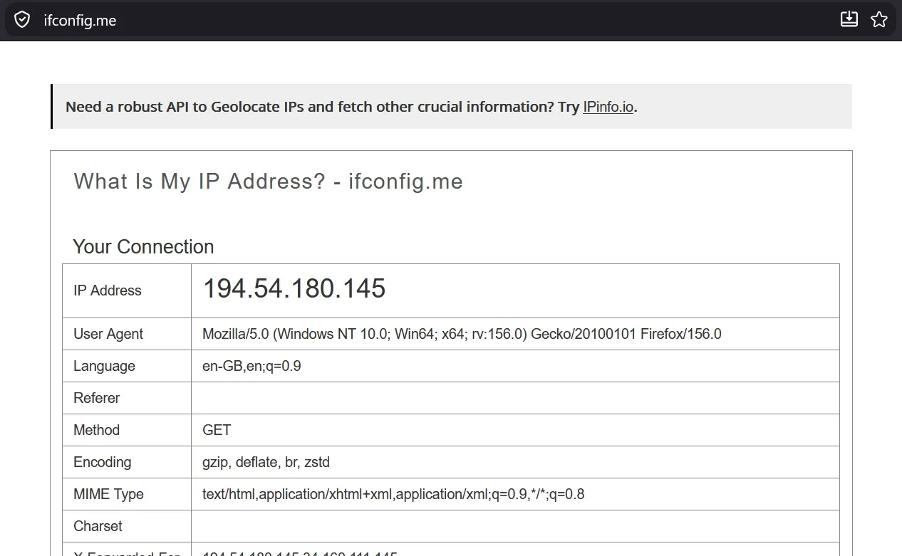 ifconfig.me browser page