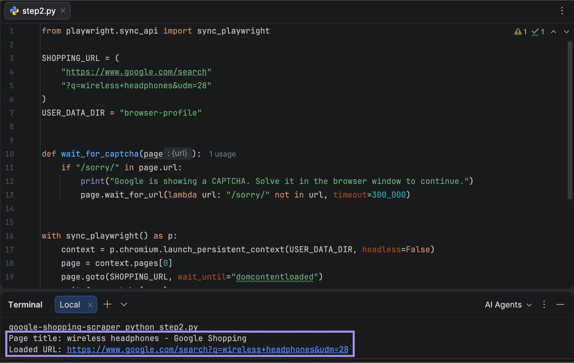 PyCharm showing Google Shopping loaded successfully with Playwright