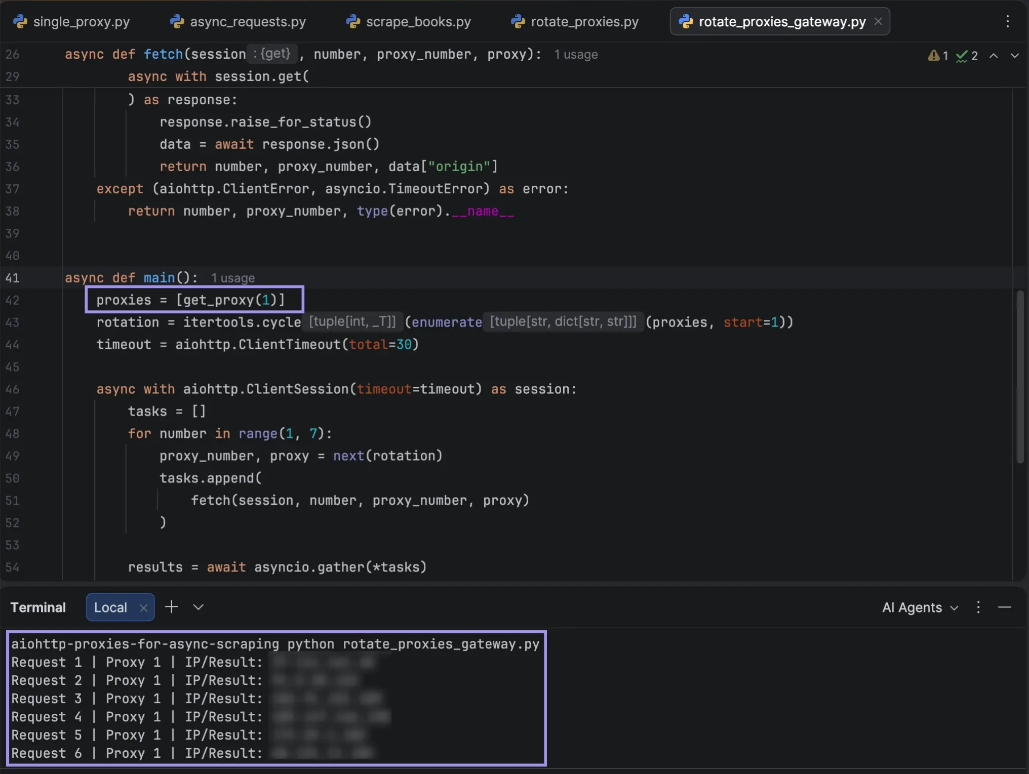 PyCharm showing six requests through one rotating proxy gateway