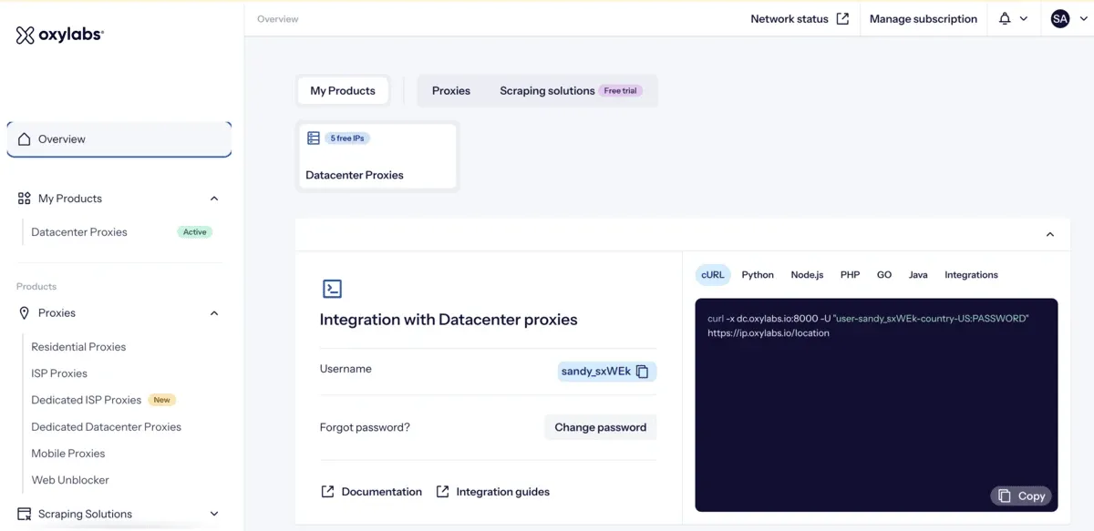 Oxylabs dashboard showing integration details for datacenter proxies with a cURL code example