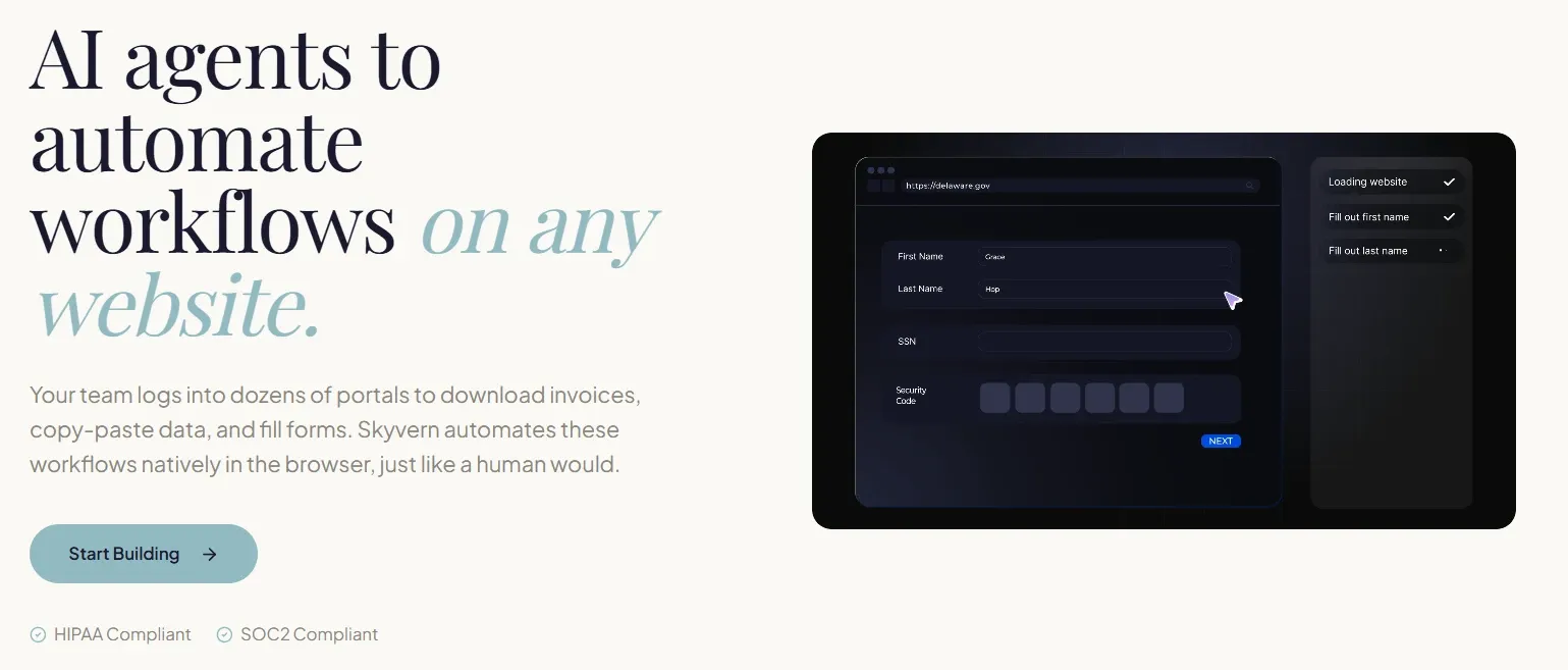 Skyvern homepage describing AI agents that automate browser workflows on any website, with a form-filling demo
