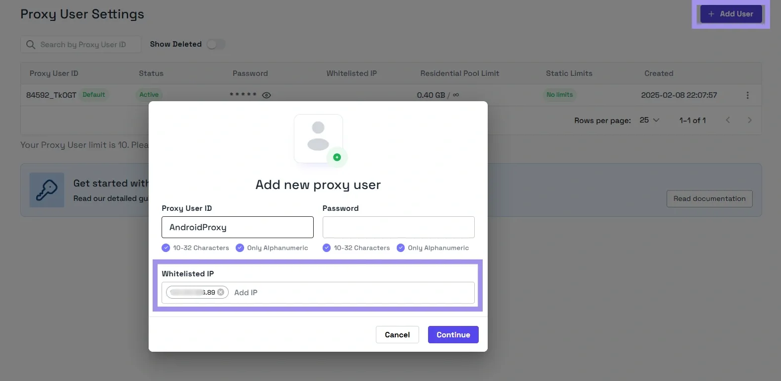 Edit proxy user pop-up on proxy user settings page.webp