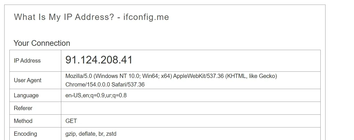 ifconfig.me page with proxy IP