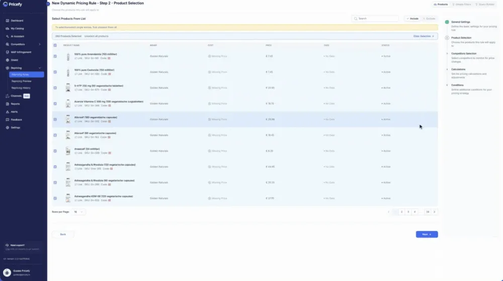 Pricefy dynamic pricing rule builder on the product selection step, showing a list of products to include in the rule