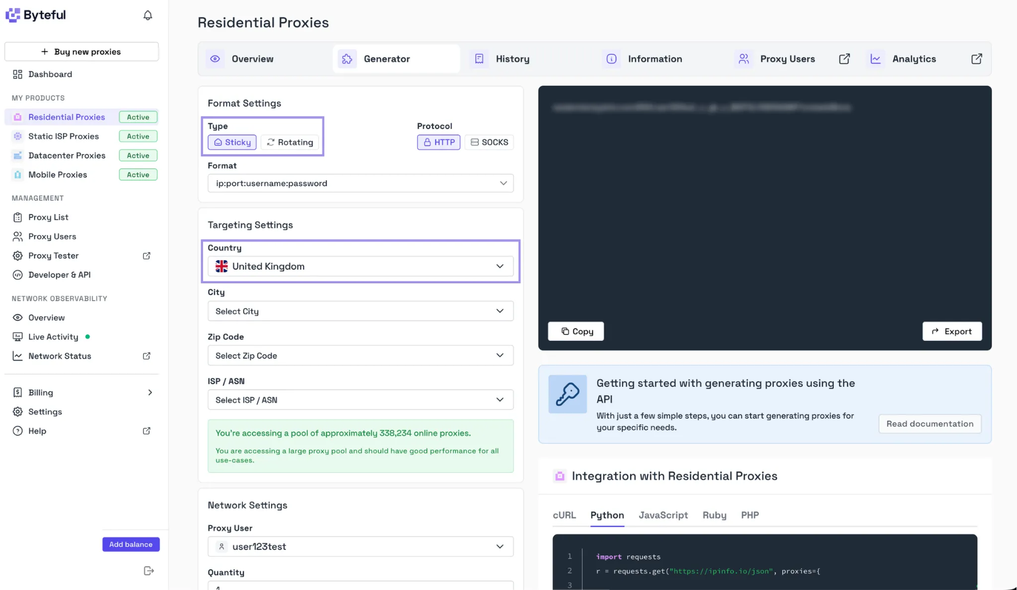 Byteful dashboard showing sticky residential proxy and UK targeting