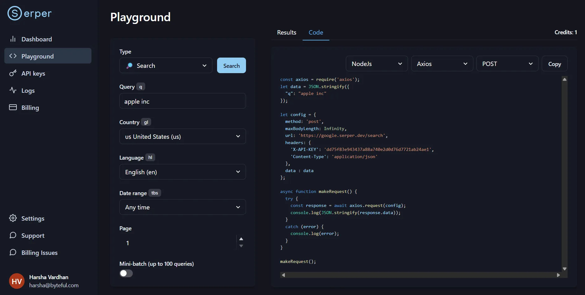 Serper Playground building a Google search query with a generated NodeJS/Axios code snippet