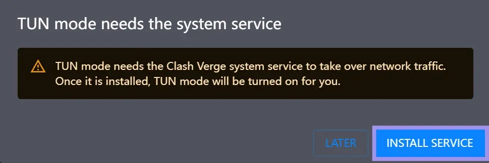 TUN mode system service install dialog box