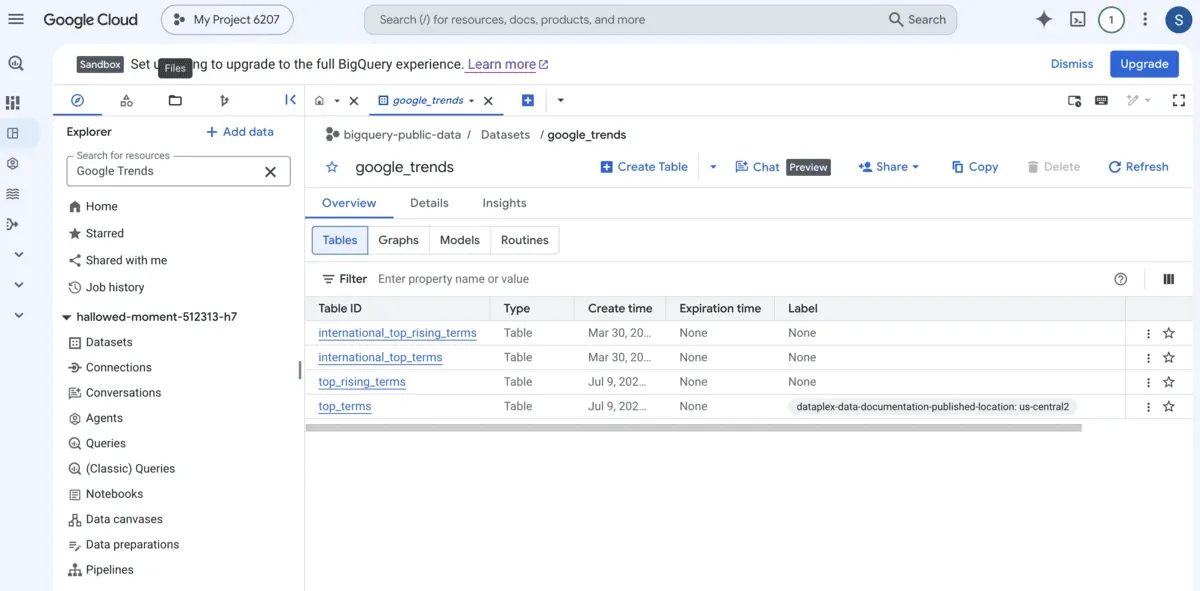 Google Cloud BigQuery console showing the google_trends public dataset with top terms and rising terms tables