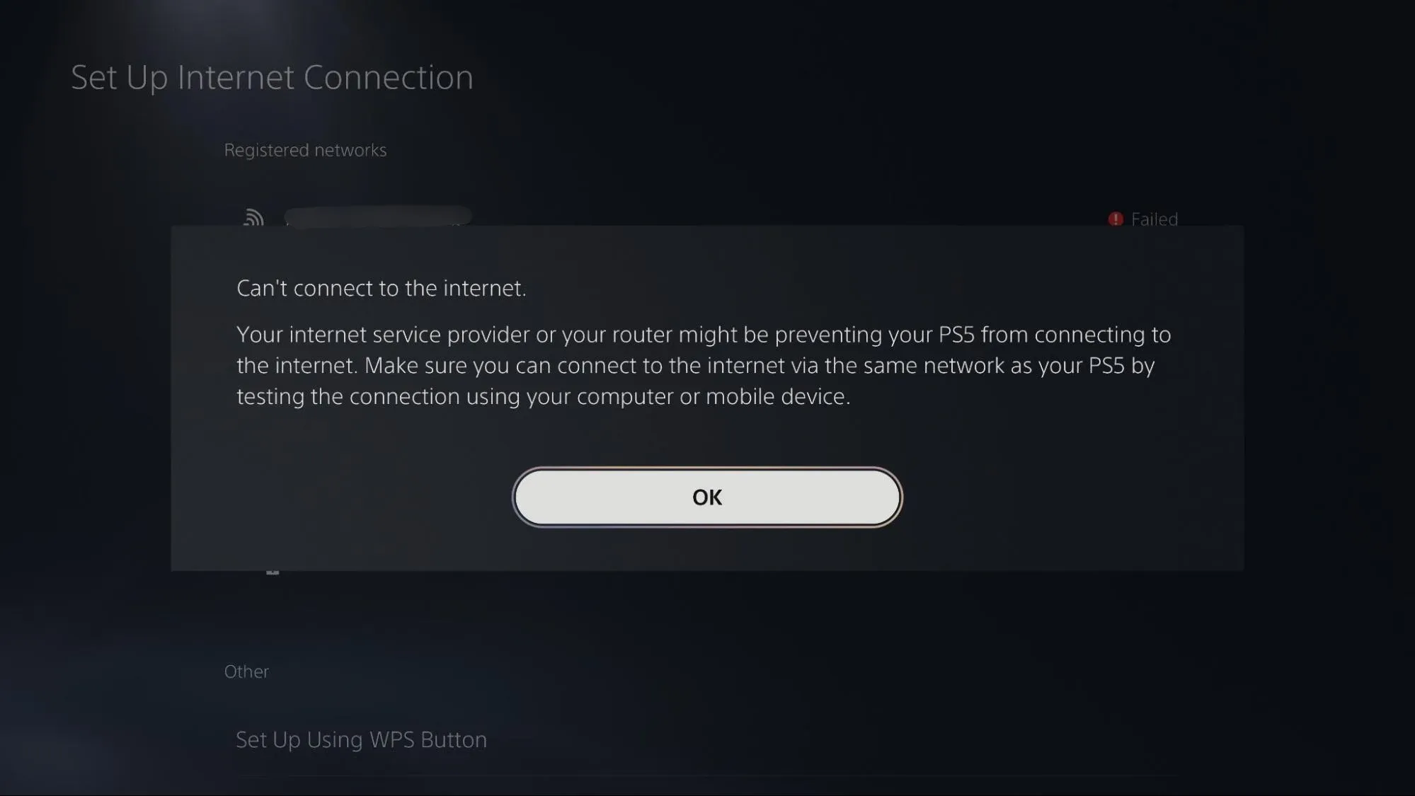 PS5 Can’t connect to the internet error dialog