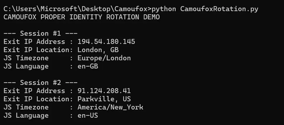 Camoufox proxy integration test with rotating identities outputs detected fingerprints