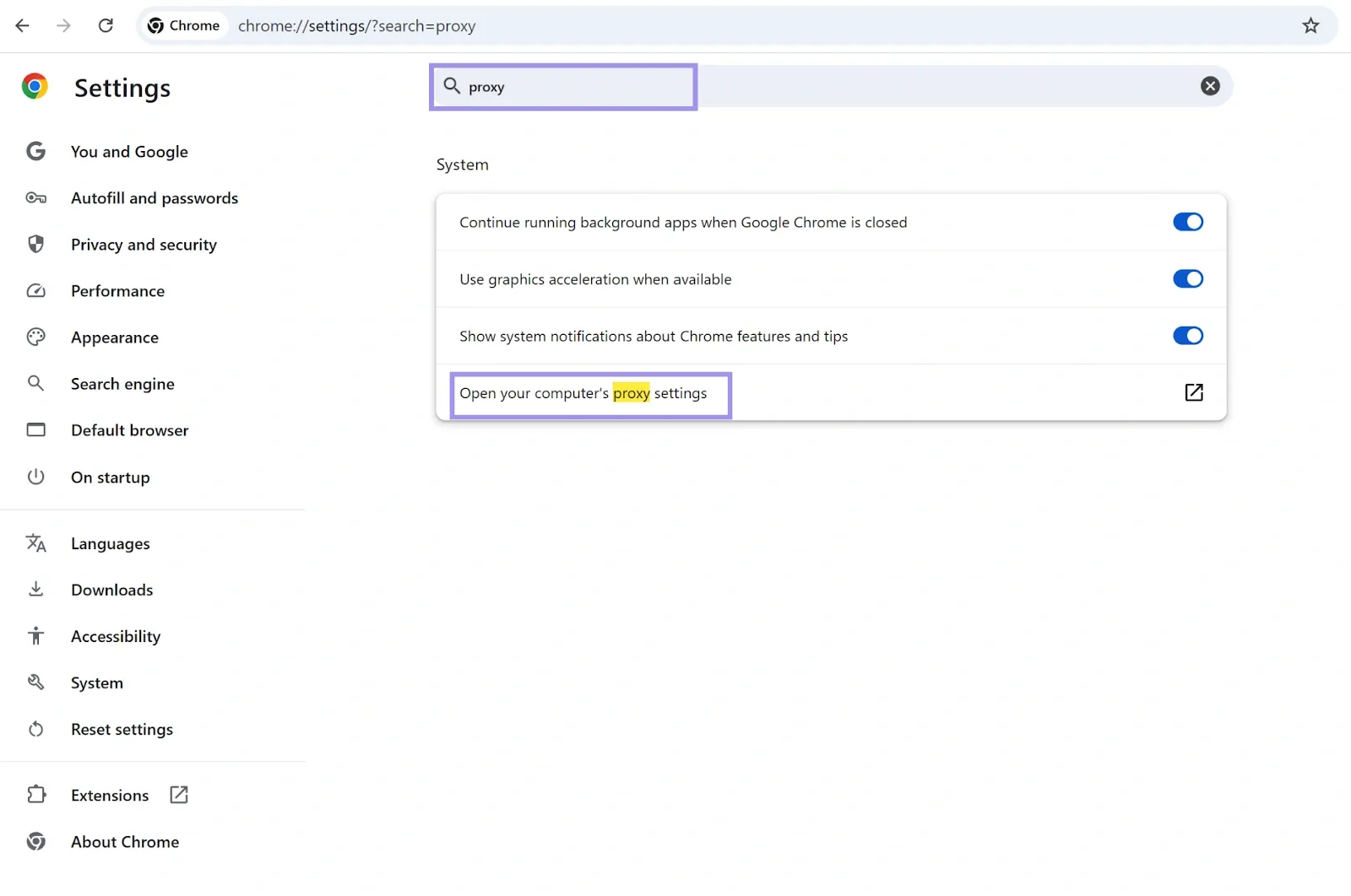 Search for Proxy in Chrome Settings.webp