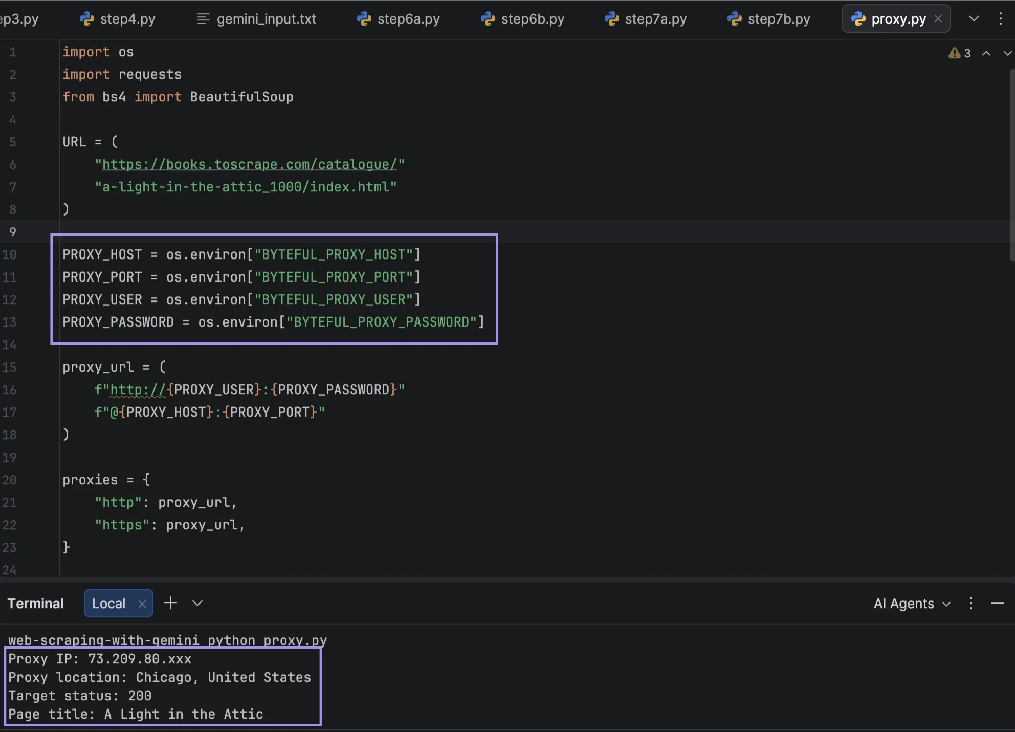 PyCharm terminal showing masked proxy IP, Chicago location, and HTTP 200 response