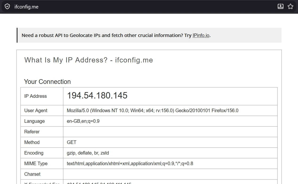 ifconfig.me browser page