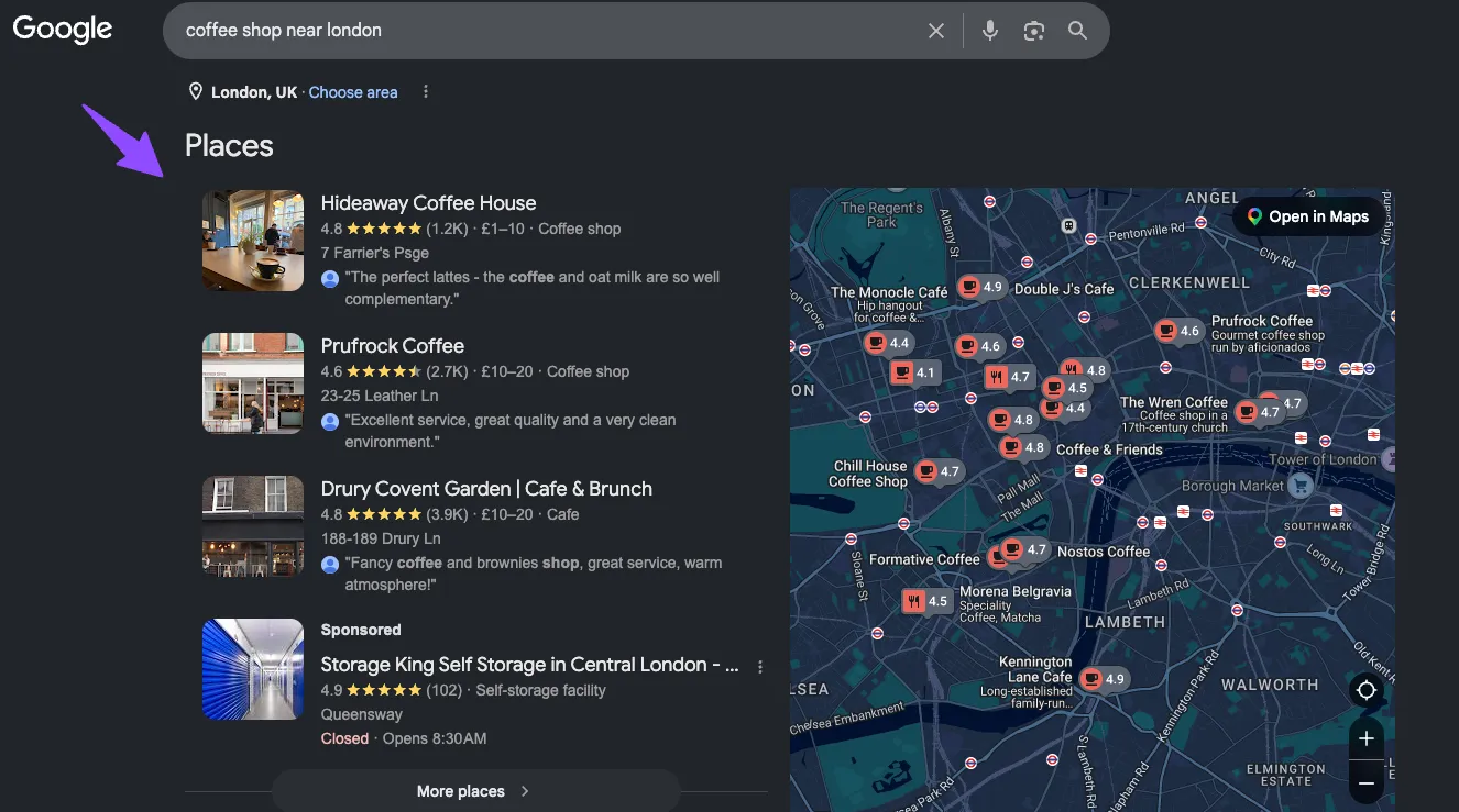 Google SERP local pack showing a map and business listings