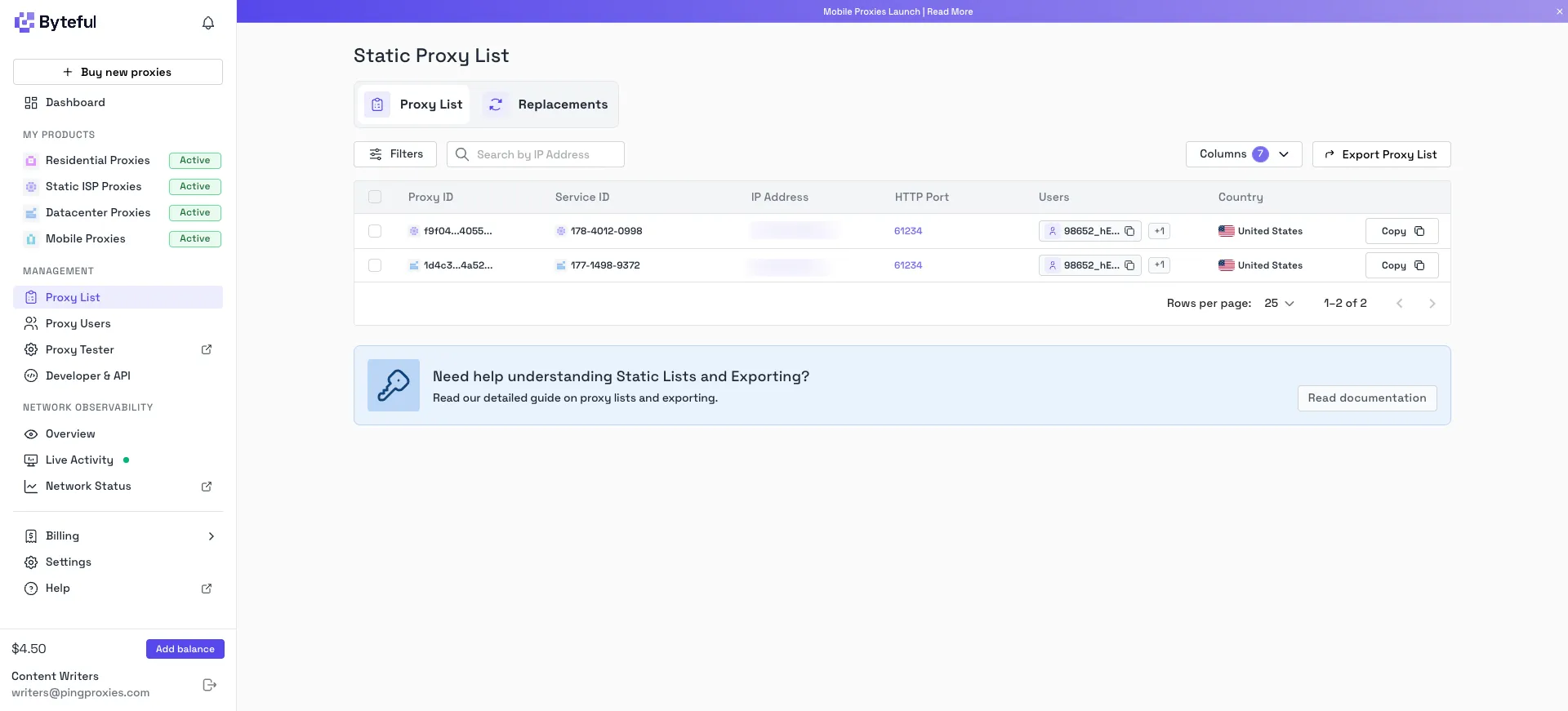 Byteful dashboard showing a static ISP proxy list