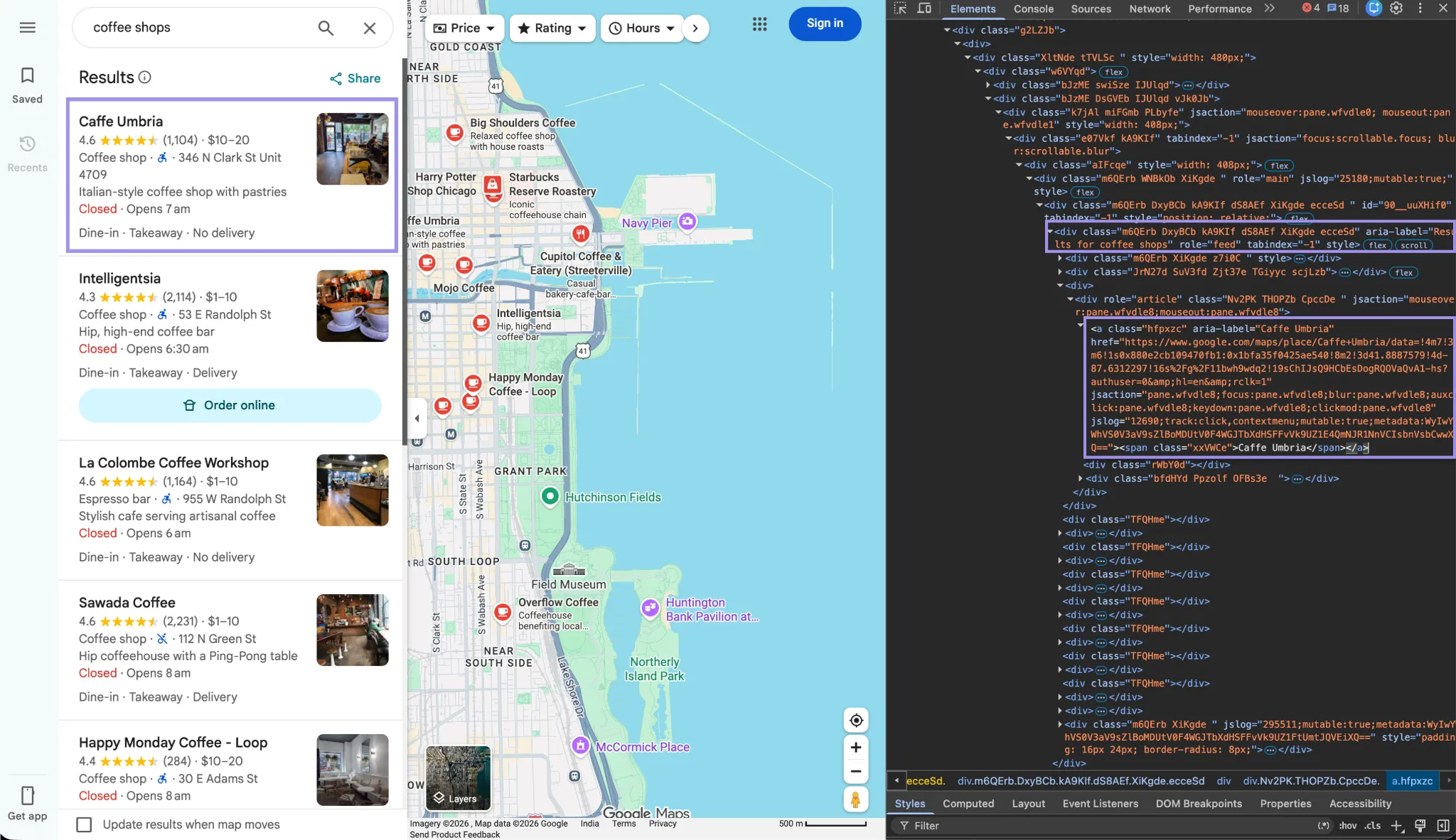 Google Maps results page showing the Caffe Umbria listing highlighted alongside the matching results feed and listing link in Chrome DevTools