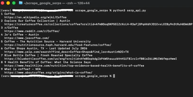 Terminal output from the SerpApi script listing Google results for coffee