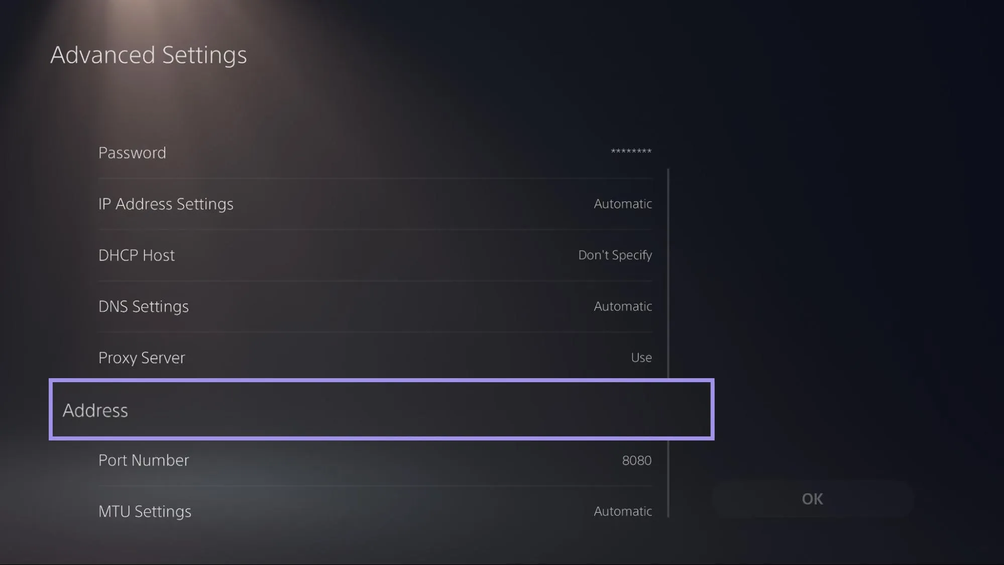 PS5 Advanced Settings with Proxy Server set to Use and the empty Address field highlighted