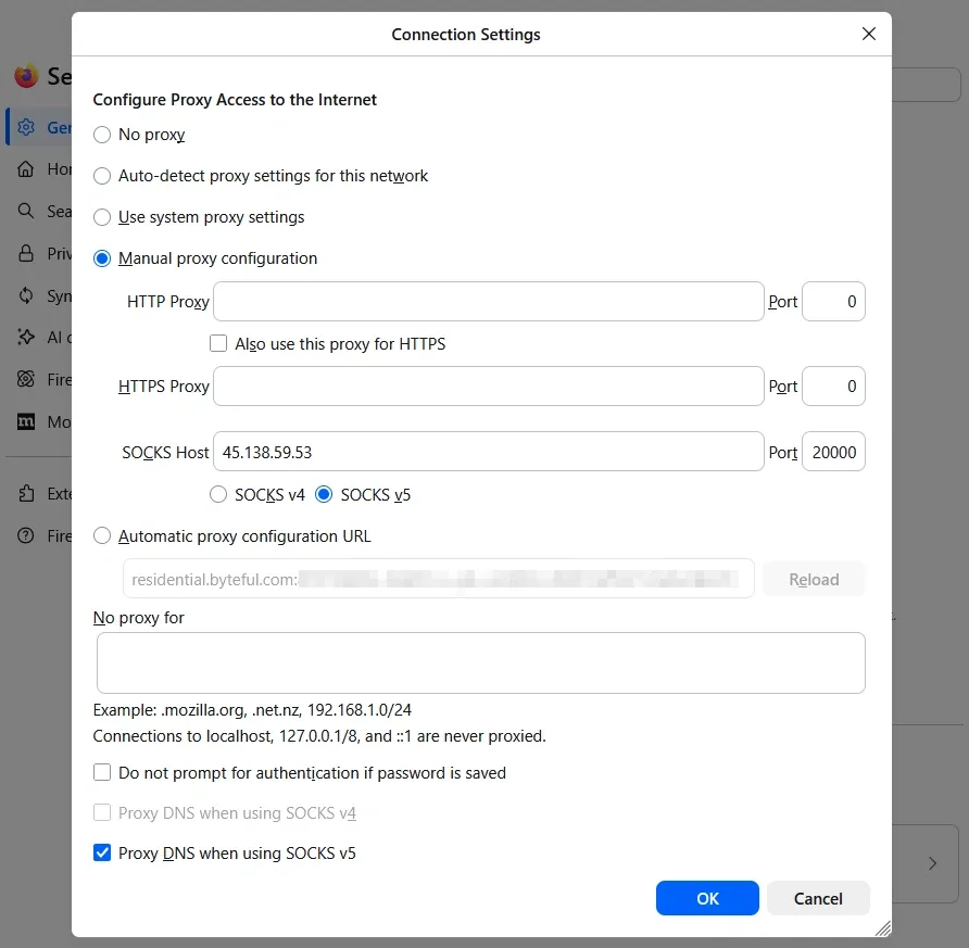 Firefox proxy settings