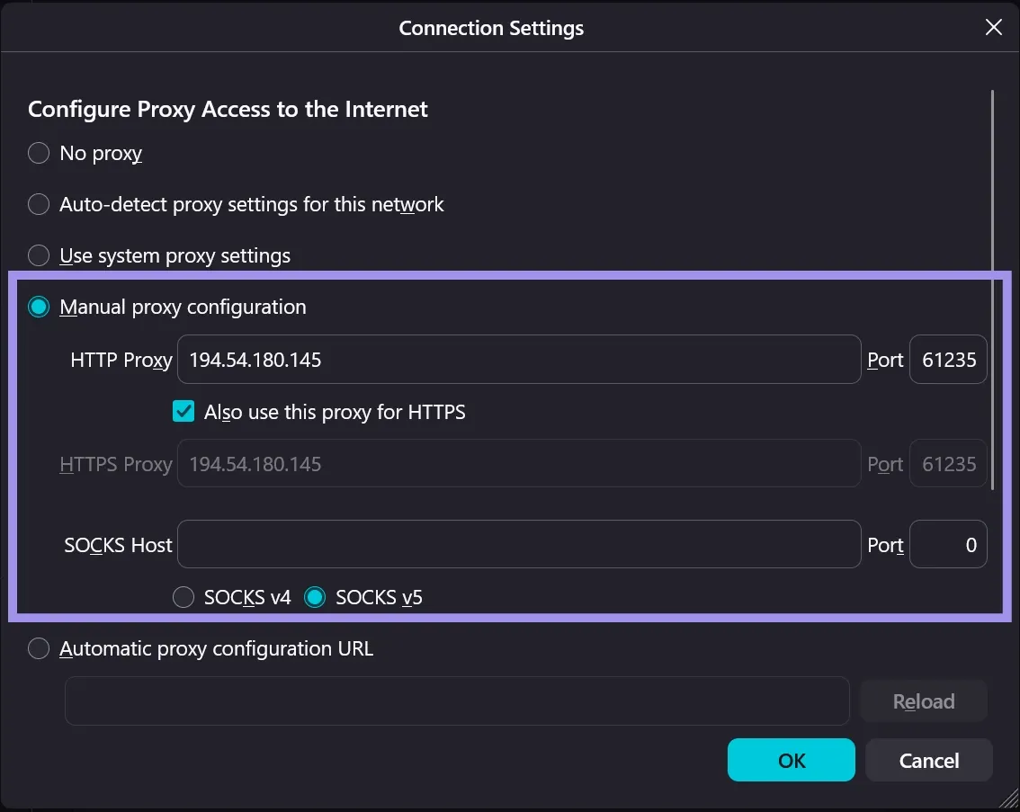 Firefox connection settings