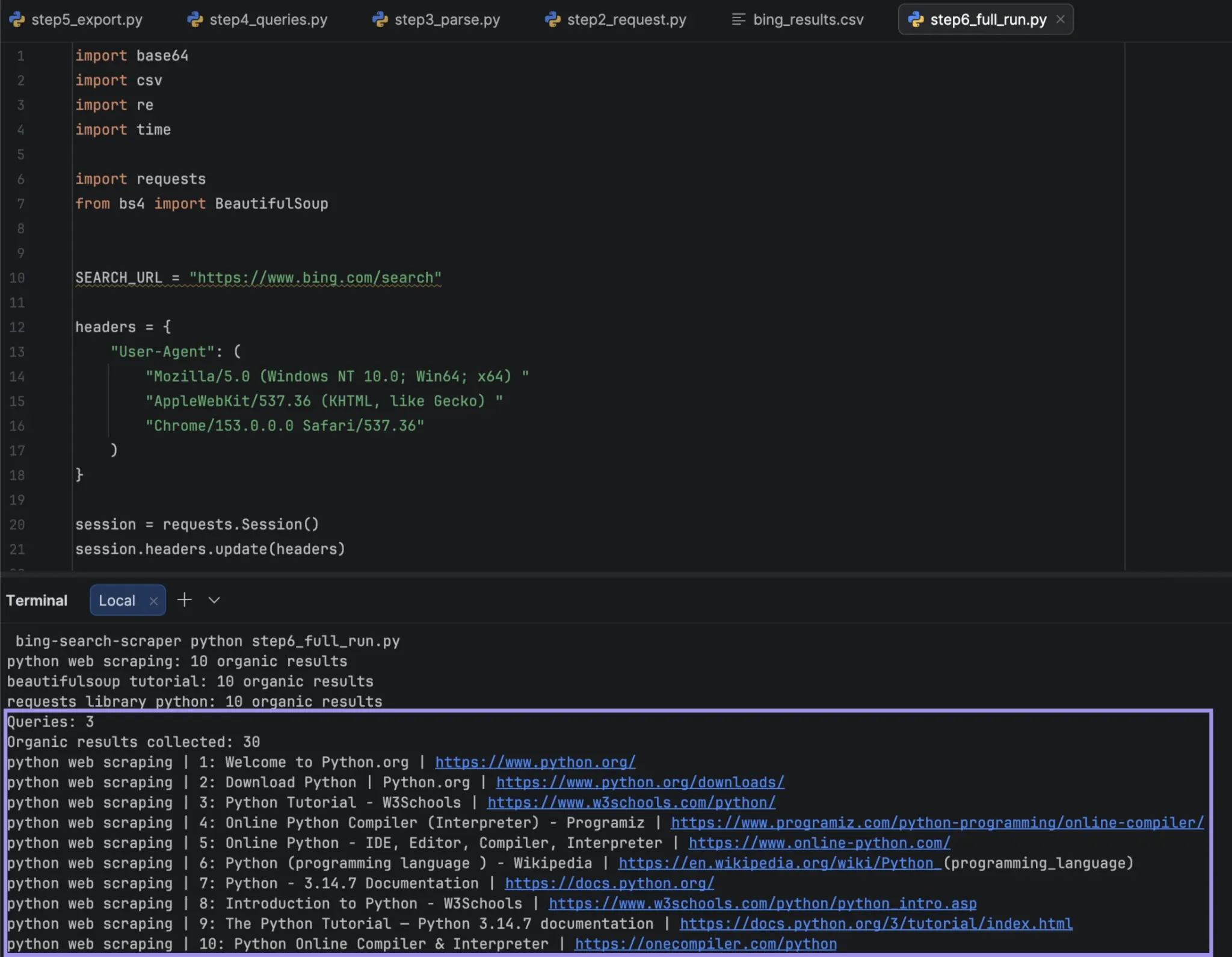 PyCharm terminal showing three Bing queries and 30 collected organic results