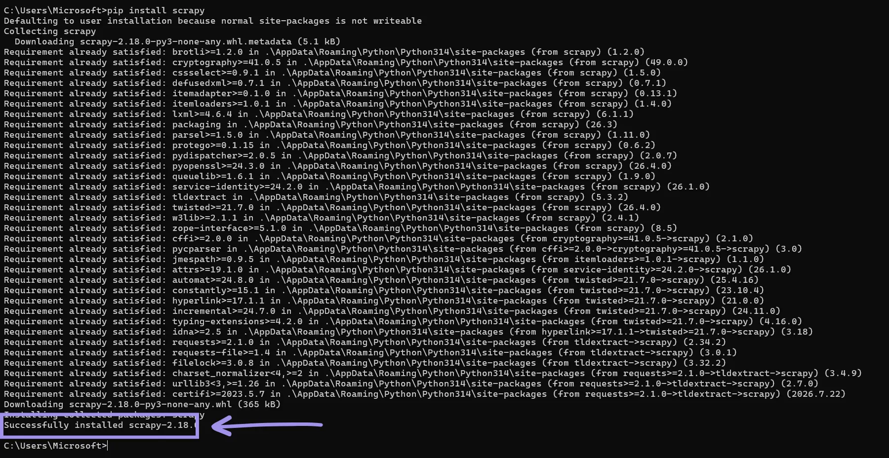 Scrapy installation completion logs on Windows CMD
